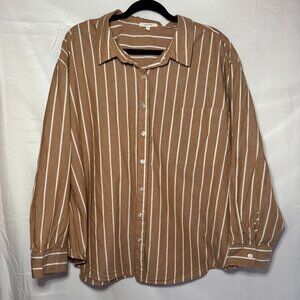 Maurice's Women's 3X Long Sleeve Brown and White Stripe Cotton Button Up Shirt